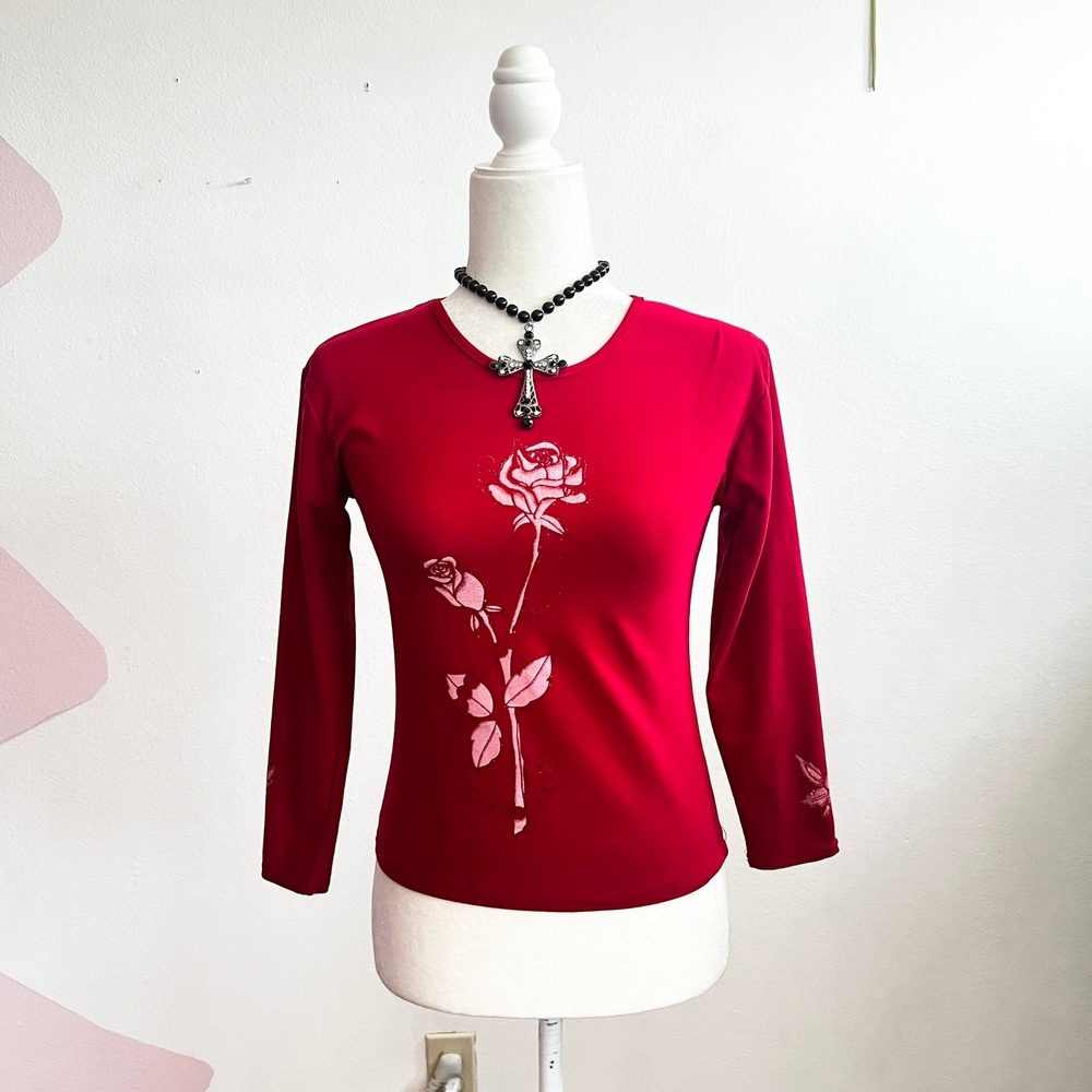Vintage Y2K Red Glittery Floral Top 2000s Glam Coquette Romantic Small